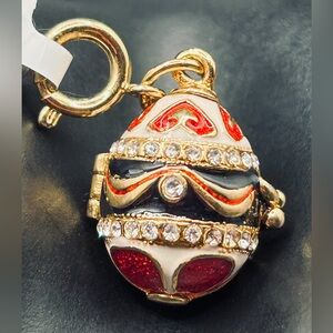 Vintage Fabergé Style Enamel Egg Locket Charm Pendant Rhinestone Gold Tone Opens